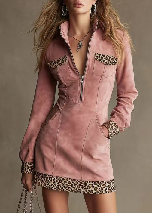 Kvinders Kjole med Ståkrave og Patchwork Leopardmønster 1