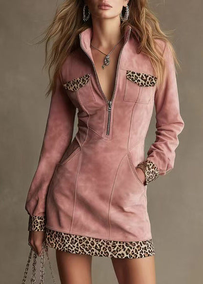 Kvinders Kjole med Ståkrave og Patchwork Leopardmønster 1