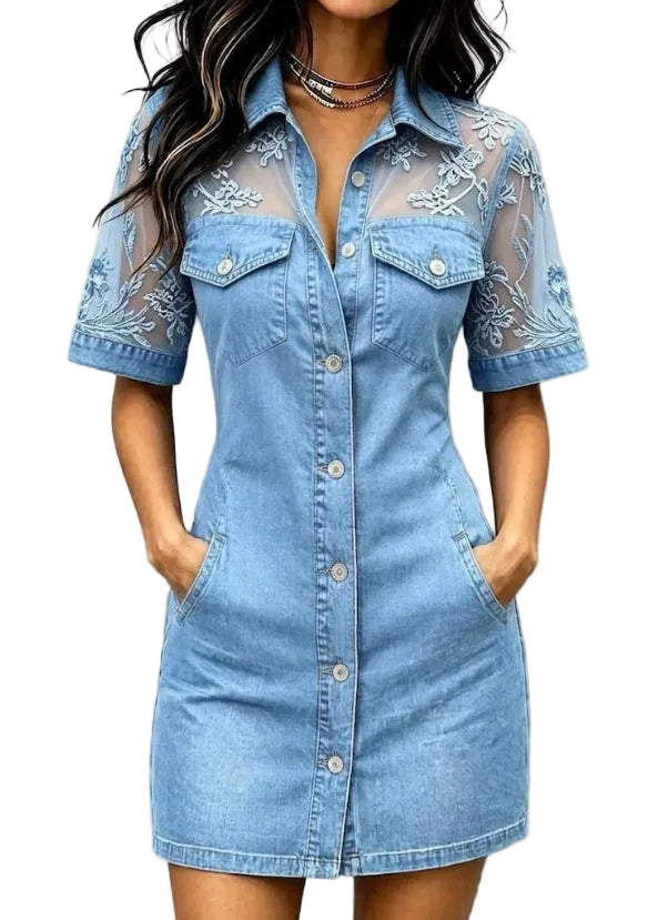 Kvinders Kortærmet Denim Kjole med Peter Pan Krave og Blonder Patchwork 0