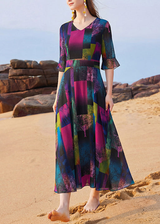Kvinders Lang Kjole V-hals Patchwork Design 0