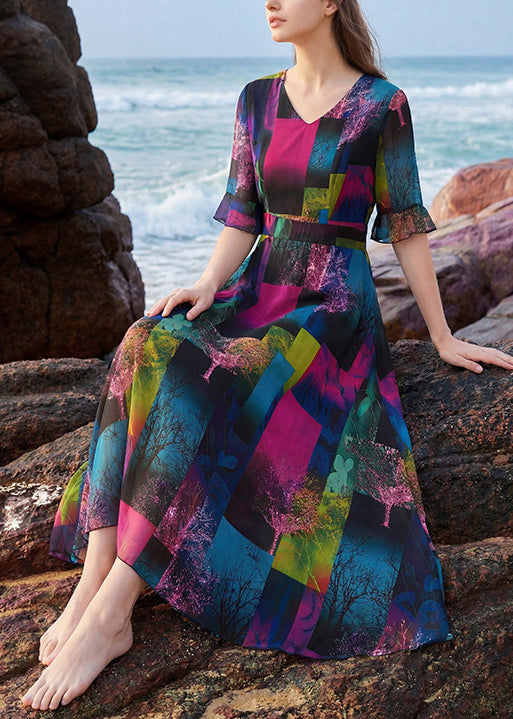 Kvinders Lang Kjole V-hals Patchwork Design 2