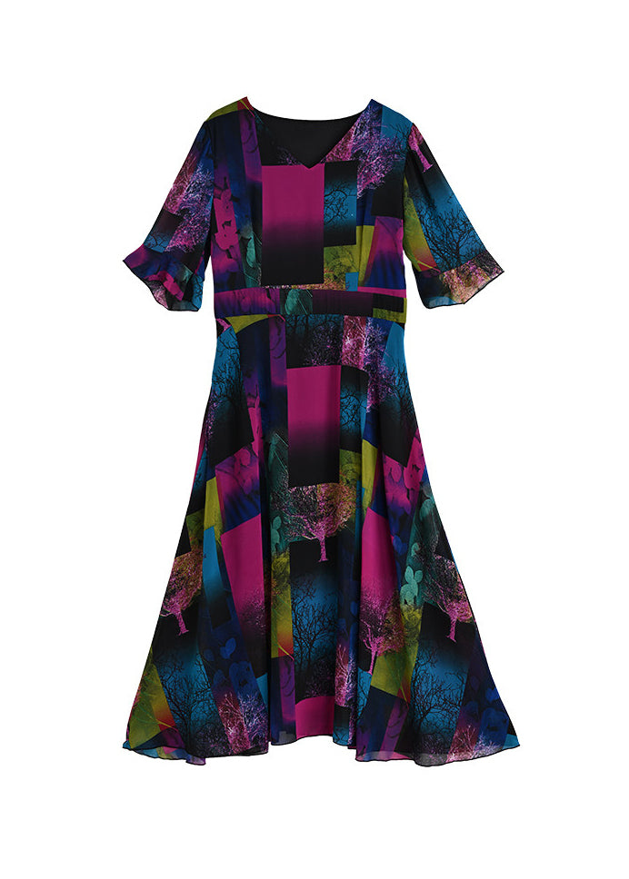 Kvinders Lang Kjole V-hals Patchwork Design 4