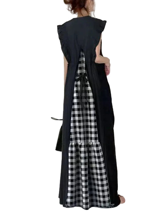Kvinders Lang Kjole V-hals Patchwork Plaid Design 0
