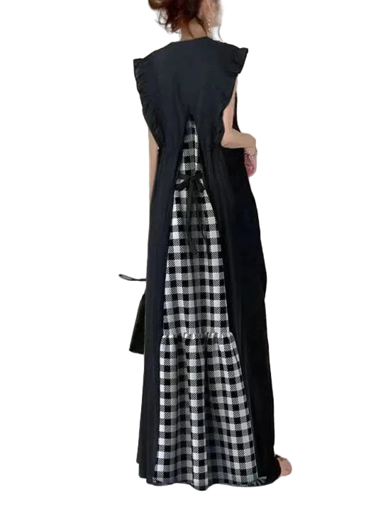 Kvinders Lang Kjole V-hals Patchwork Plaid Design 0