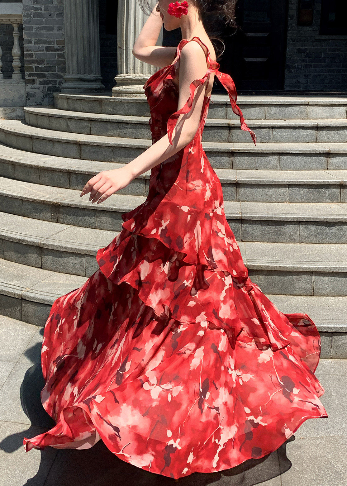 Kvinders Lang Kjole med Flæser 4
