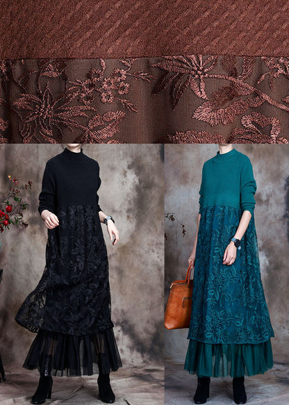 Kvinders Lang Strikkjole Med Broderet O-hals 4