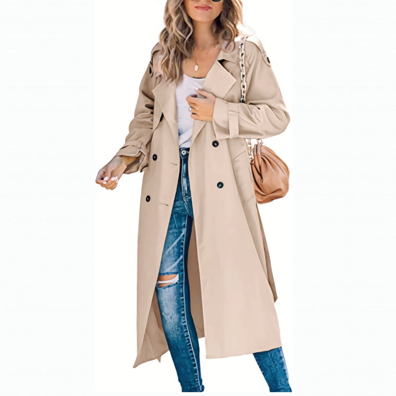 Kvinders Lang Trenchcoat Dobbeltradet Front 3