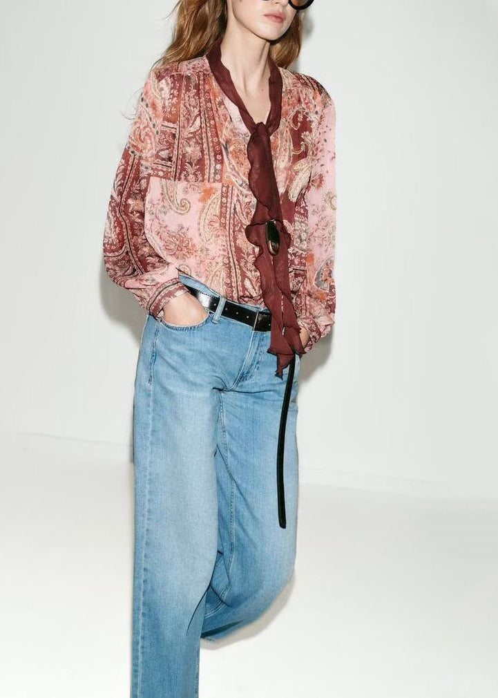Kvinders Langærmet Bluse med Drapering og Print 1