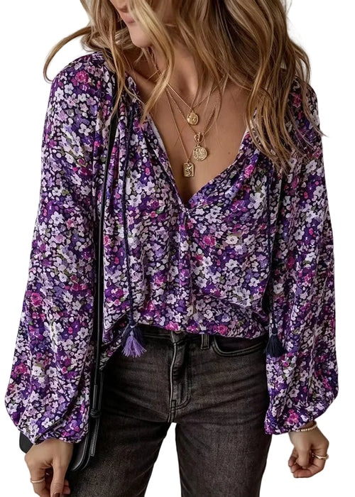 Kvinders Langærmet Bluse med V-hals og Print Moderne Stil 0