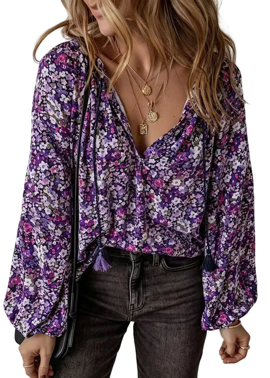 Kvinders Langærmet Bluse med V-hals og Print Moderne Stil 0