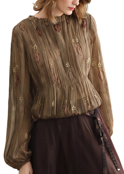 Kvinders Langærmet Jacquard Plisseret Chiffon Top med O-hals og Flæser 0