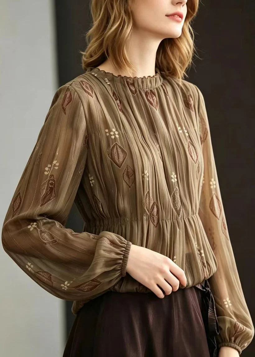 Kvinders Langærmet Jacquard Plisseret Chiffon Top med O-hals og Flæser 1