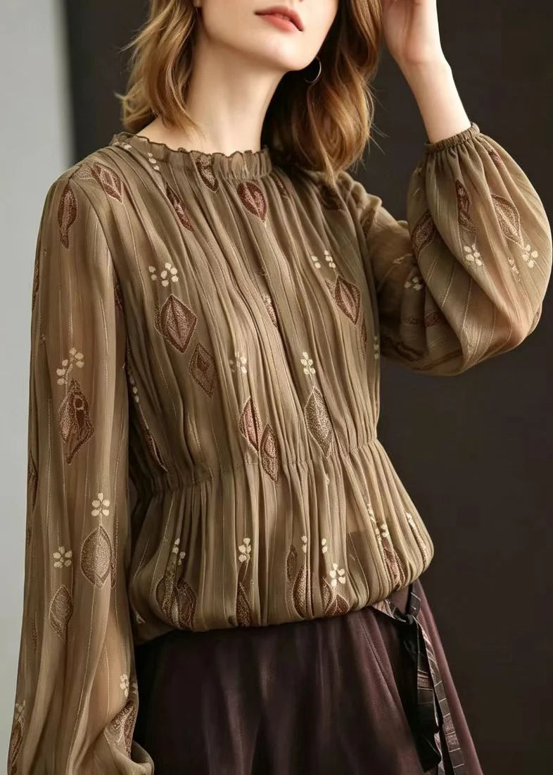 Kvinders Langærmet Jacquard Plisseret Chiffon Top med O-hals og Flæser 2