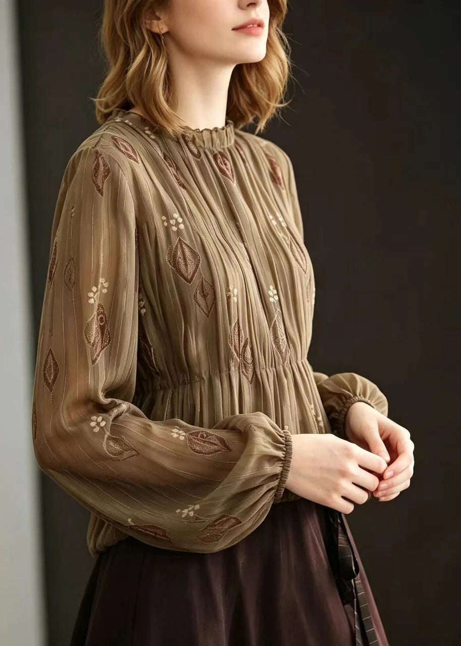 Kvinders Langærmet Jacquard Plisseret Chiffon Top med O-hals og Flæser 3
