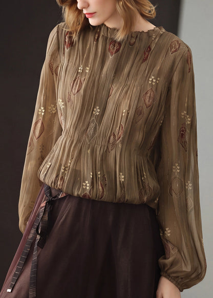 Kvinders Langærmet Jacquard Plisseret Chiffon Top med O-hals og Flæser 4