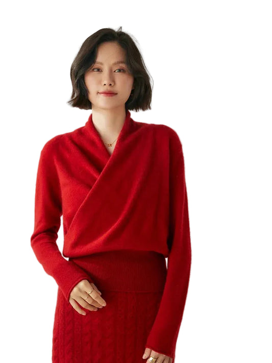 Kvinders Langærmet Sweater med V-hals og Draperet Design 0