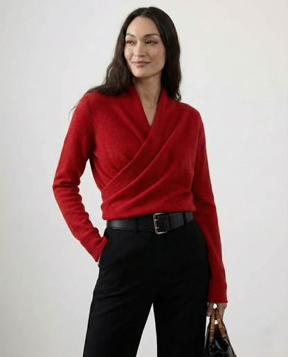 Kvinders Langærmet Sweater med V-hals og Draperet Design 1