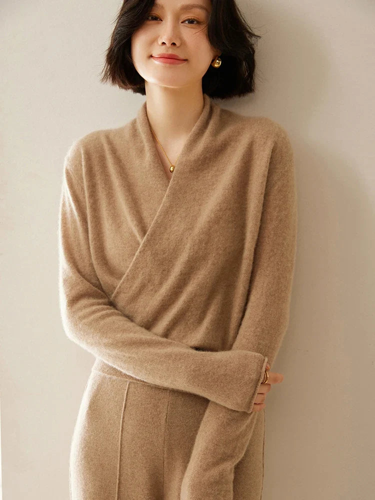 Kvinders Langærmet Sweater med V-hals og Draperet Design 10