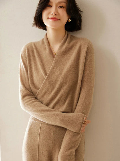 Kvinders Langærmet Sweater med V-hals og Draperet Design 10