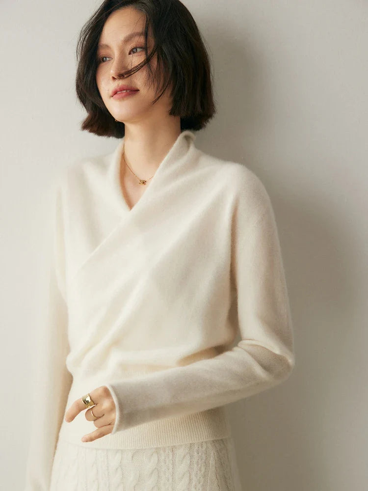 Kvinders Langærmet Sweater med V-hals og Draperet Design 11