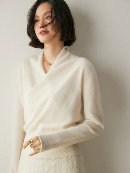 Kvinders Langærmet Sweater med V-hals og Draperet Design 11