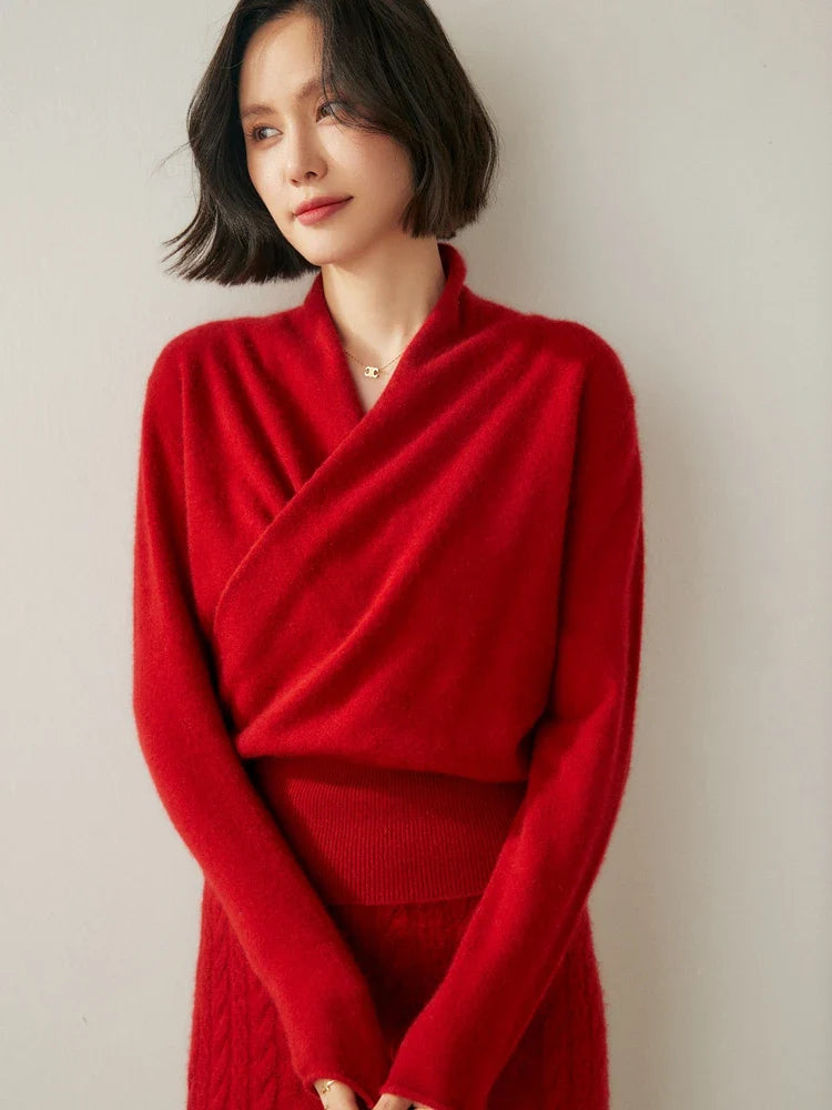 Kvinders Langærmet Sweater med V-hals og Draperet Design 4