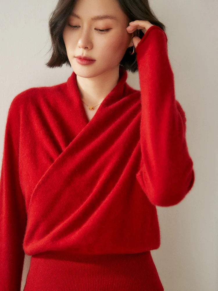 Kvinders Langærmet Sweater med V-hals og Draperet Design 5