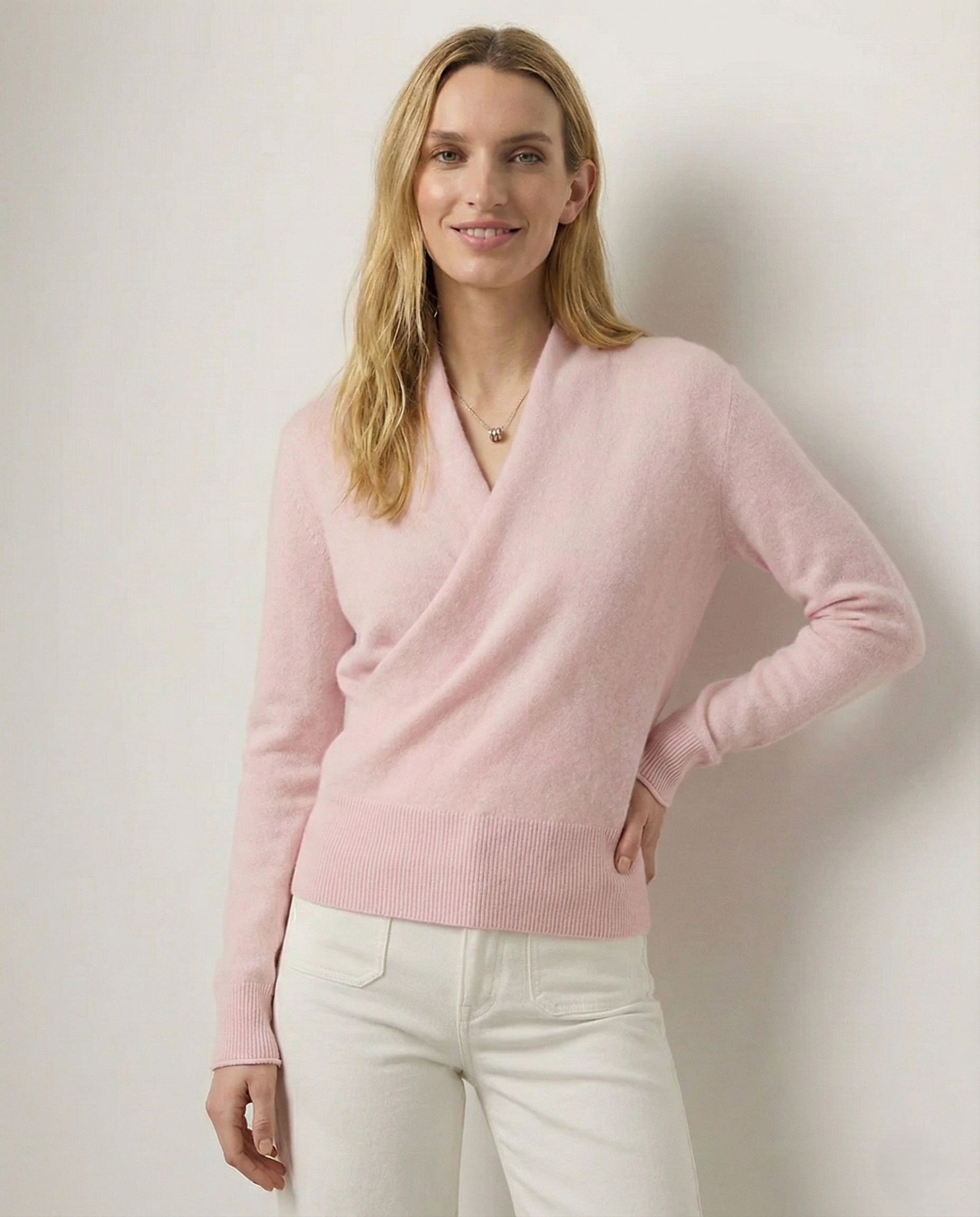 Kvinders Langærmet Sweater med V-hals og Draperet Design 6