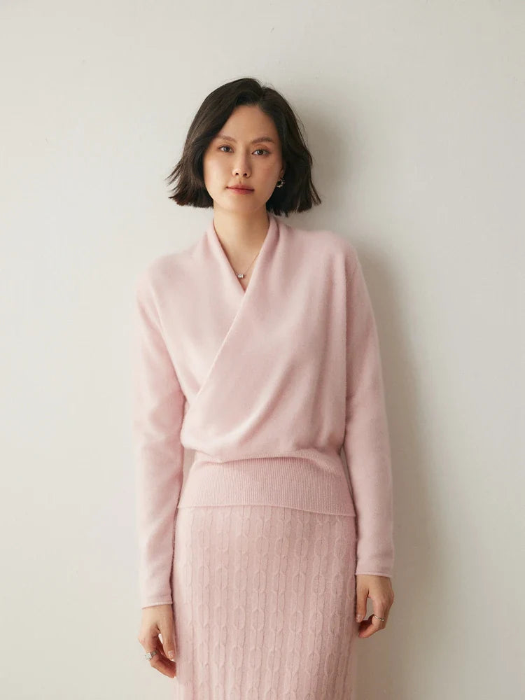 Kvinders Langærmet Sweater med V-hals og Draperet Design 7
