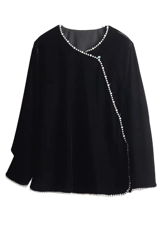 Kvinders Løs O-hals Top med Perle Patchwork 4