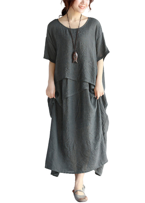 Kvinders Maxi Kjole Lagdelt Linned Oversized 0