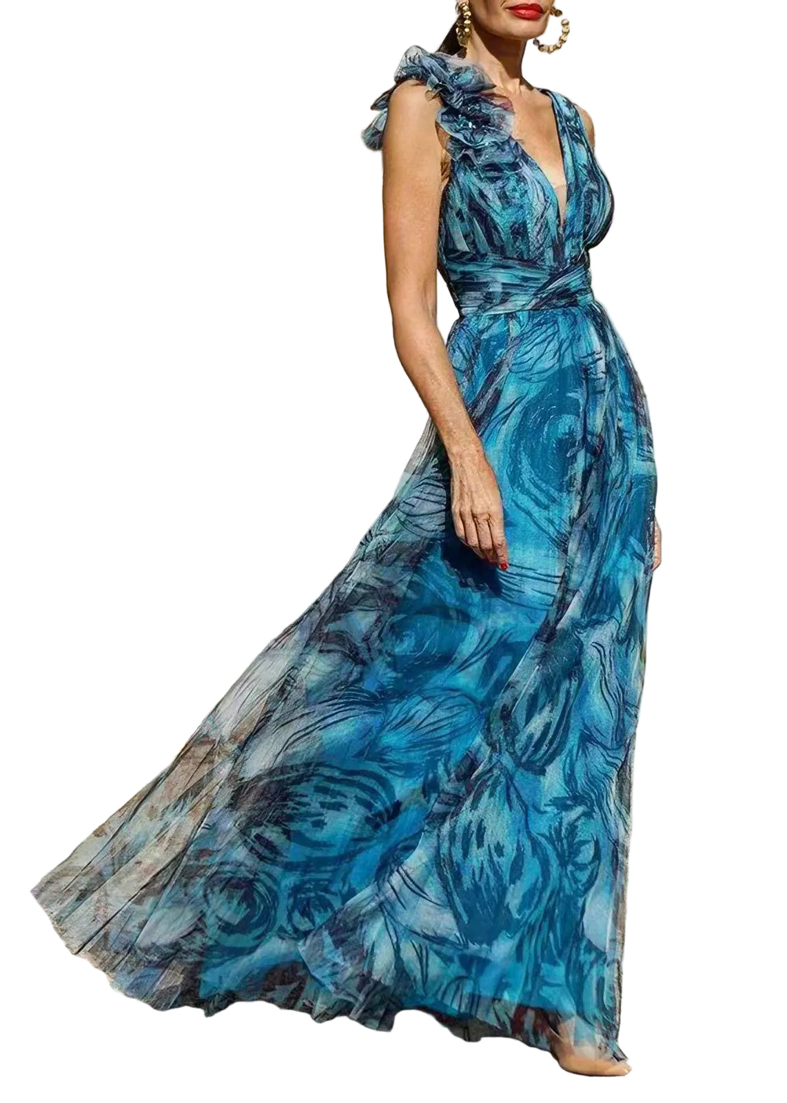 Kvinders Maxi Kjole med V-hals og Blomsterprint Boheme Stil 0