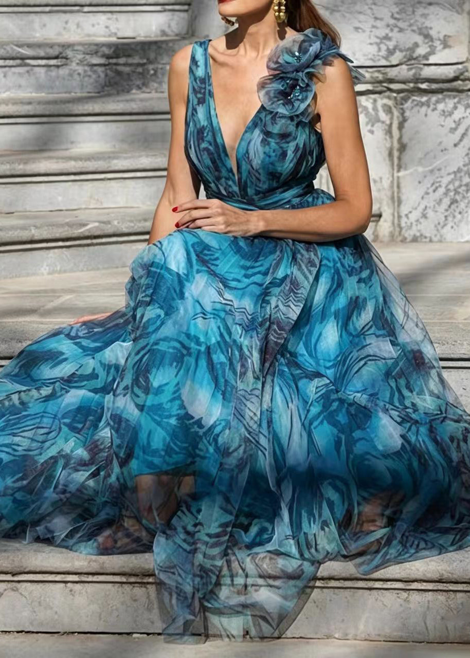 Kvinders Maxi Kjole med V-hals og Blomsterprint Boheme Stil 1