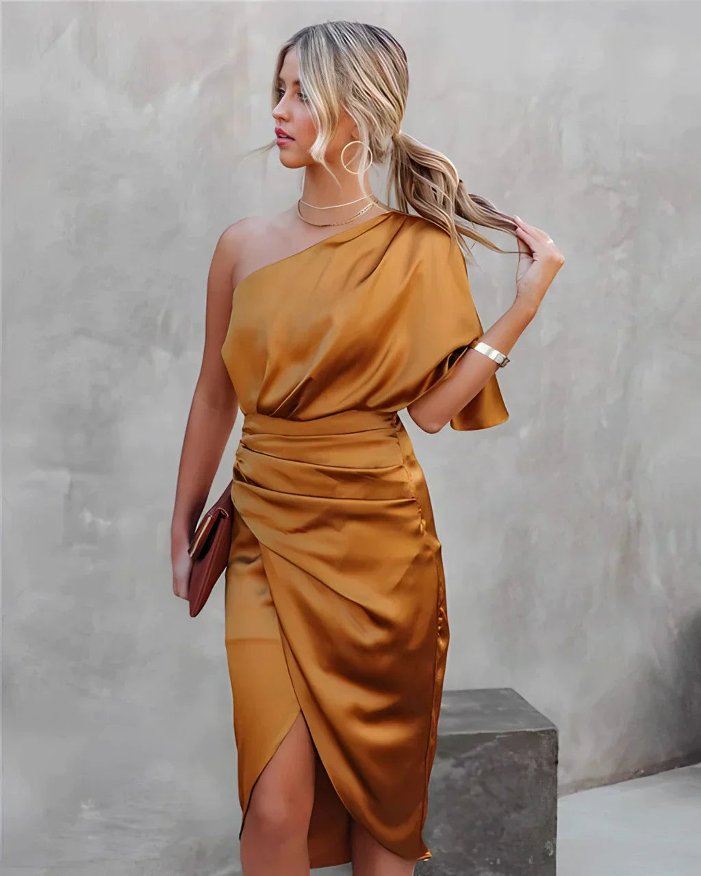 Kvinders Midi Kjole Asymmetrisk Draperet Off-the-Shoulder 3