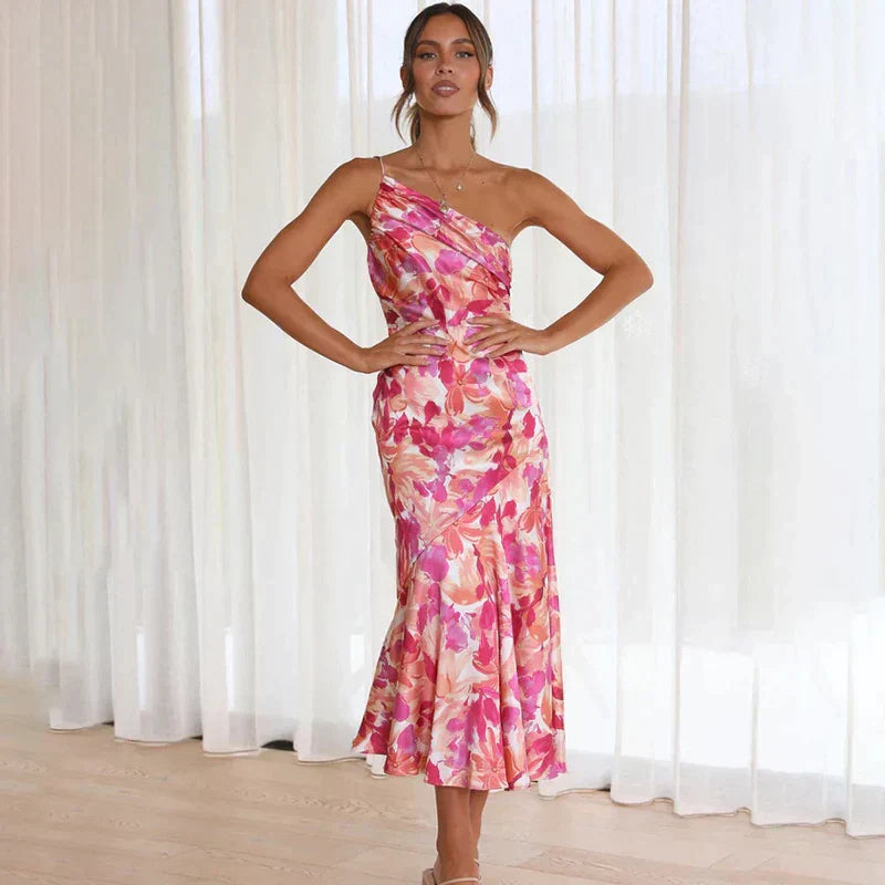 Kvinders Midikjole Asymmetrisk Blomstret 3