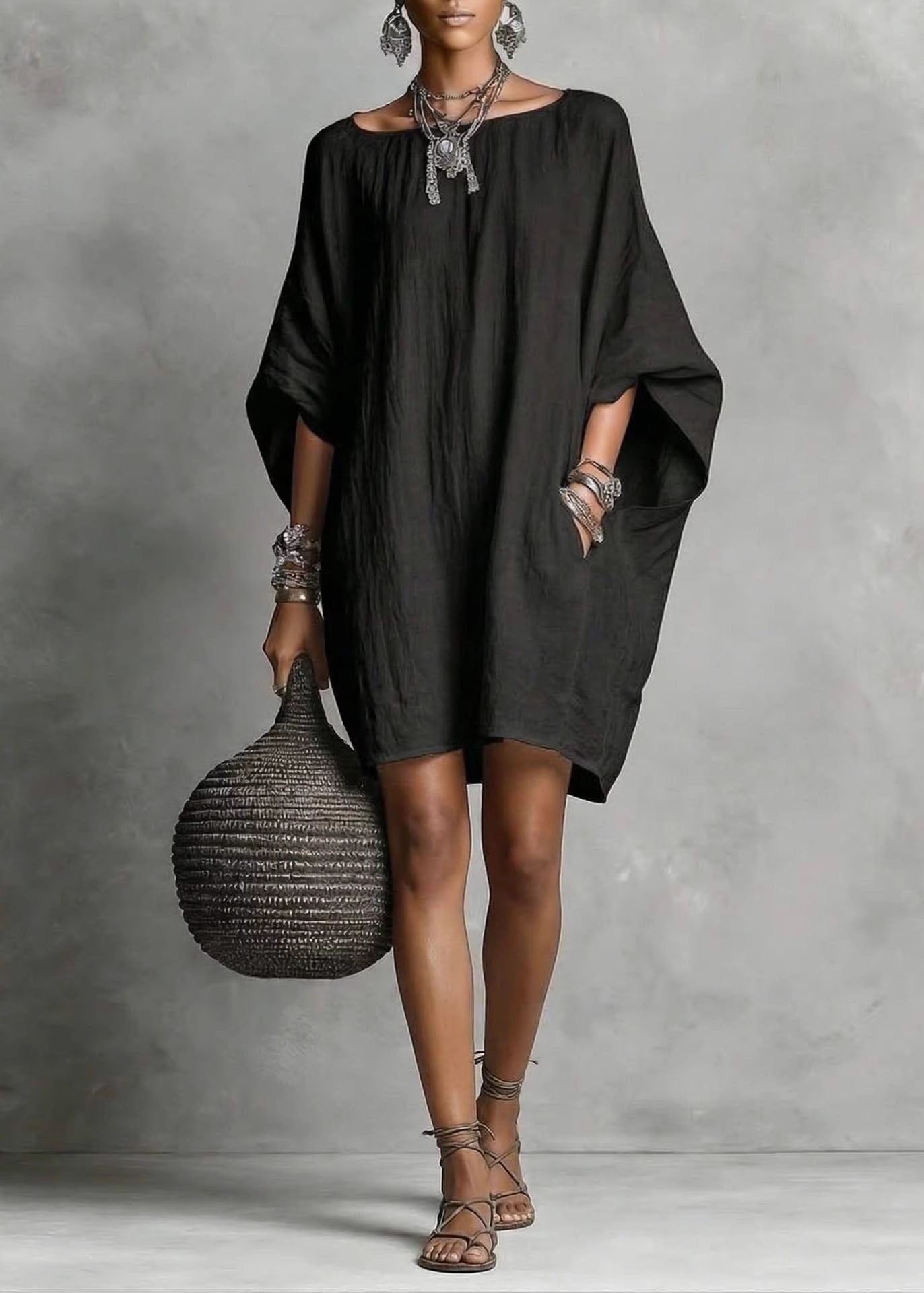 Kvinders Midt-kjole Oversized Casual Stil med Batwing Ærmer 1