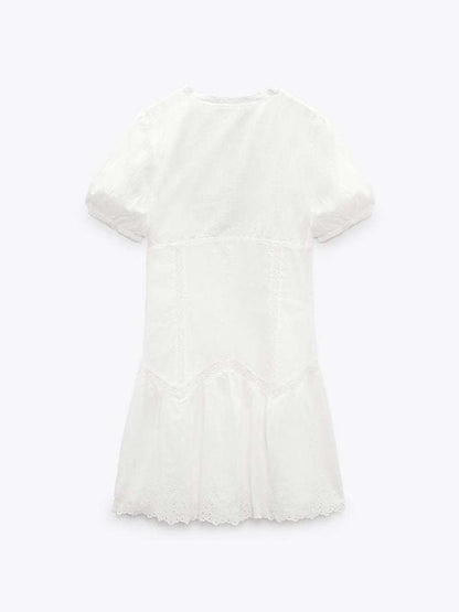 Kvinders Mini Kjole Fluffy Ærmer V-Hals Broderi 3