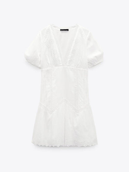 Kvinders Mini Kjole Fluffy Ærmer V-Hals Broderi 4
