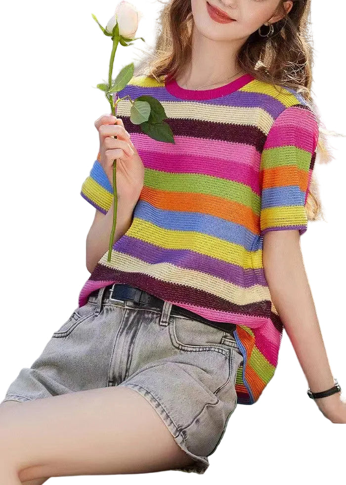 Kvinders O-hals T-shirt med flerfarvede striber 0