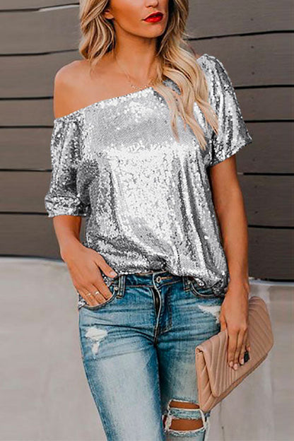 Kvinders Off Shoulder T-shirt Med Pailletter Glamour 2