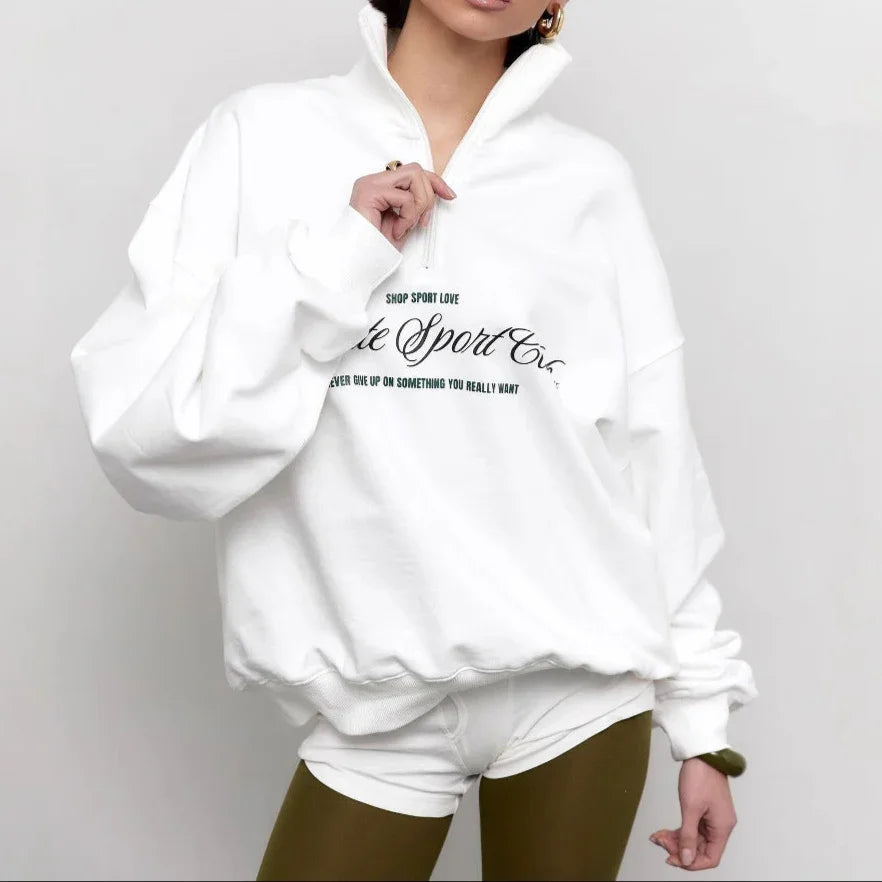 Kvinders Oversize Sweatshirt med Halv Lynlås og Bogstavtryk 2