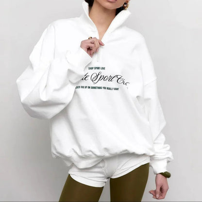 Kvinders Oversize Sweatshirt med Halv Lynlås og Bogstavtryk 2