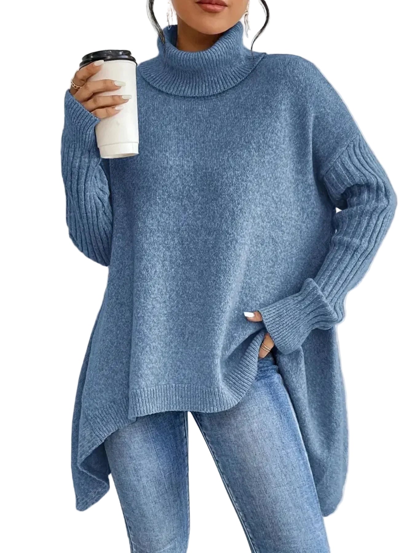 Kvinders Oversized Rullekrave Sweater Asymmetrisk Design 0