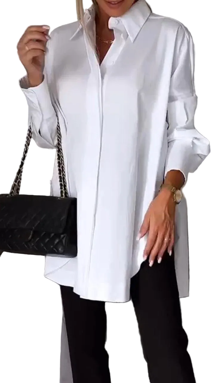 Kvinders Oversized Skjorte med Oprullede Ærmer Casual Stil 0