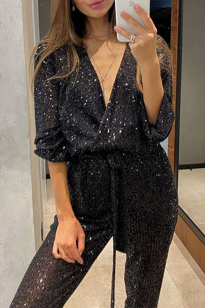 Kvinders Paillet Jumpsuit med V-hals og Bindebånd 4