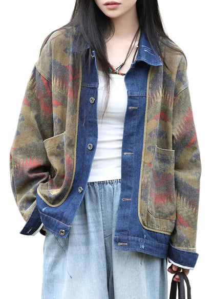 Kvinders Patchwork Denim Frakke med Peter Pan-krave 0