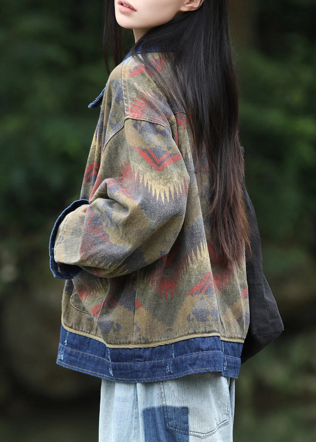 Kvinders Patchwork Denim Frakke med Peter Pan-krave 4