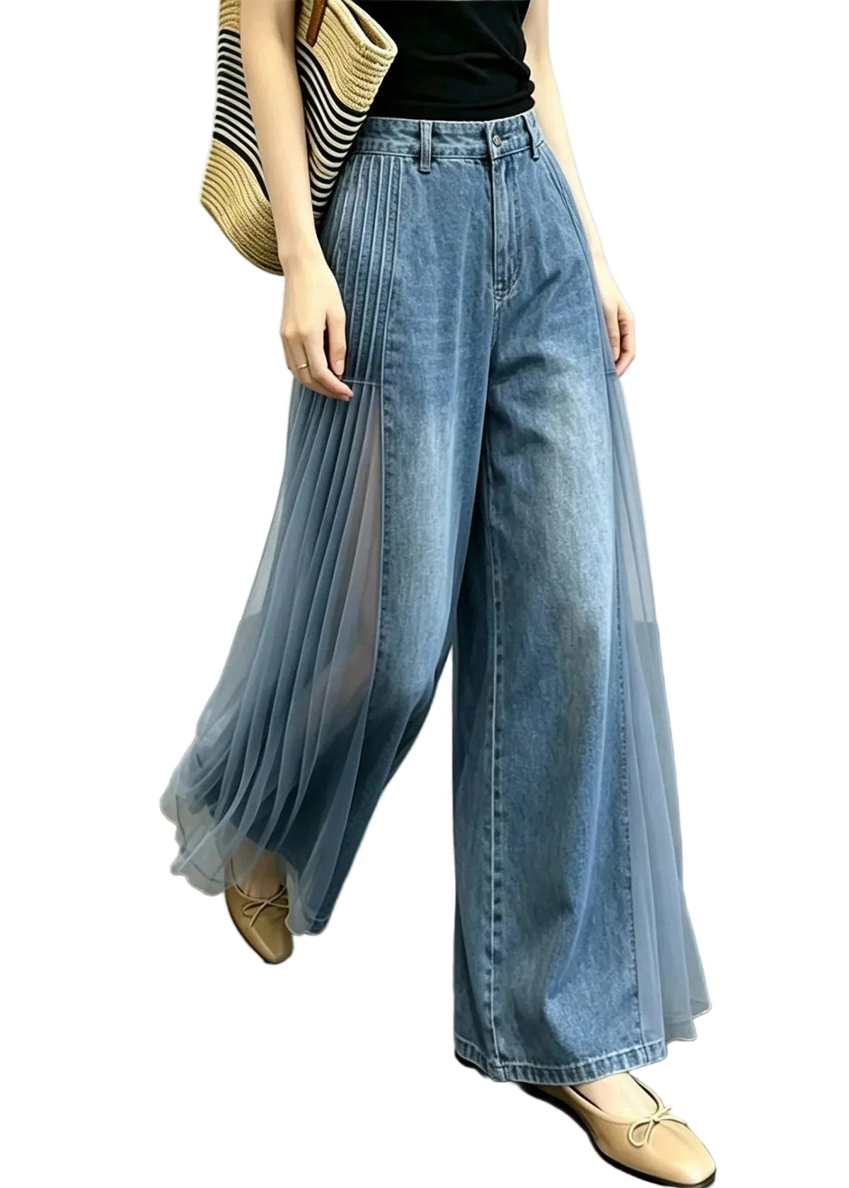 Kvinders Patchwork Jeans Højtaljede Vide Ben 0