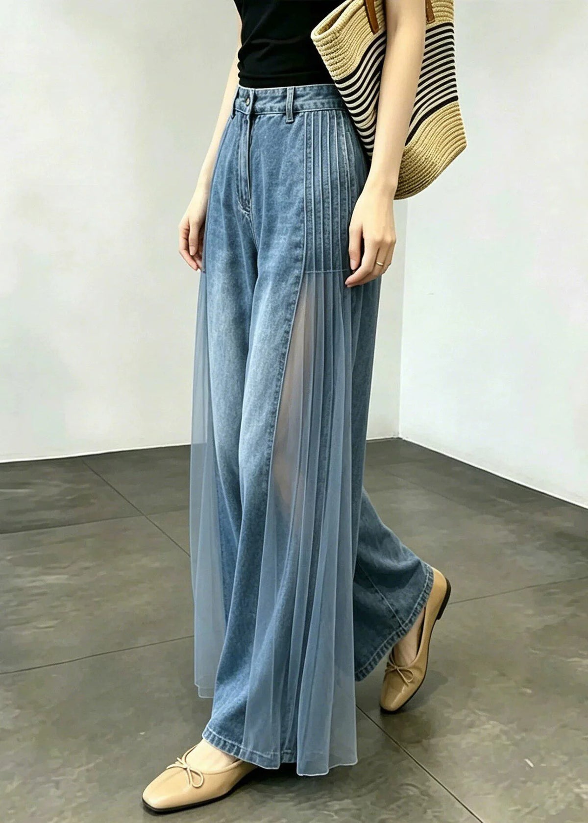 Kvinders Patchwork Jeans Højtaljede Vide Ben 3
