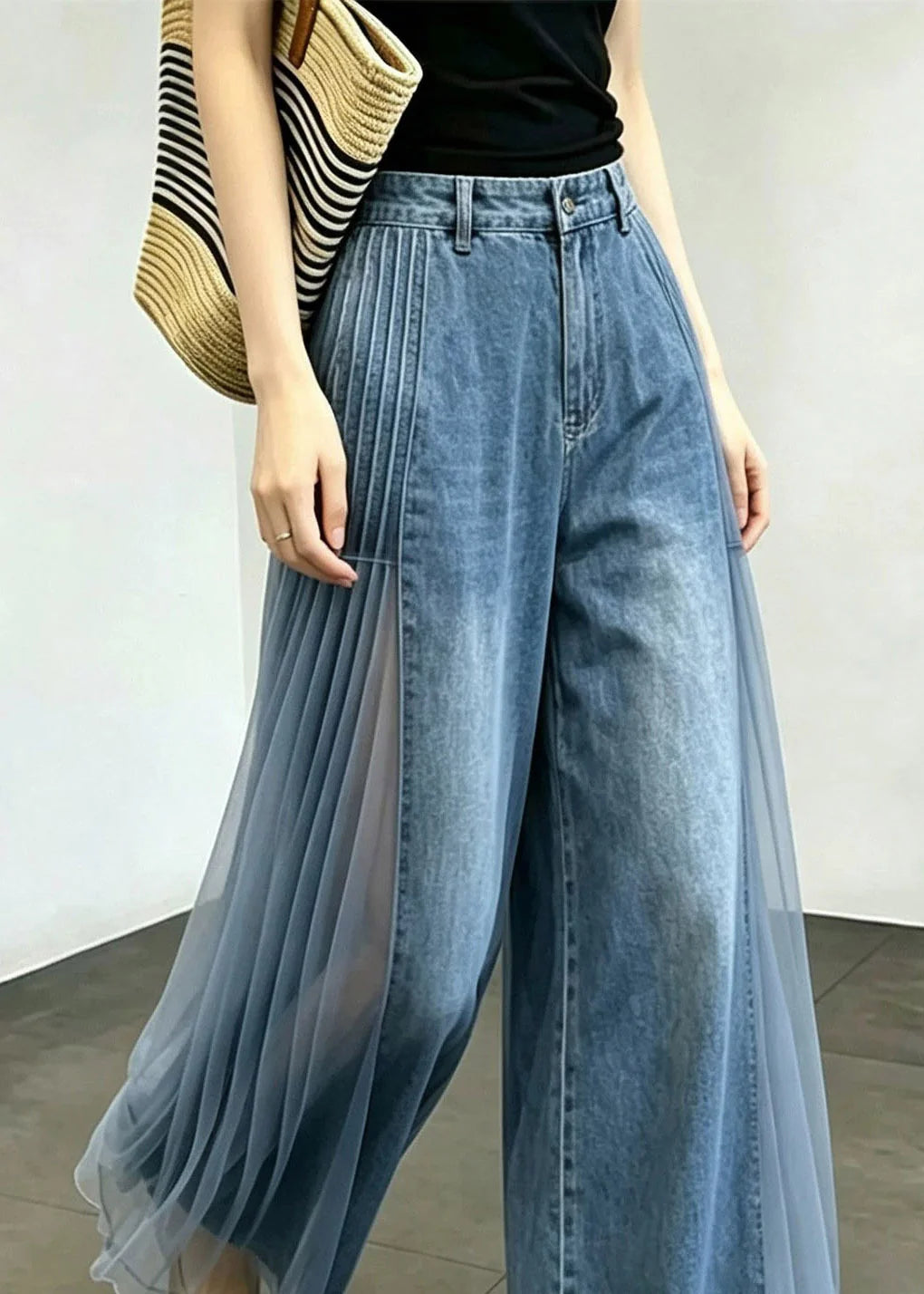 Kvinders Patchwork Jeans Højtaljede Vide Ben 4